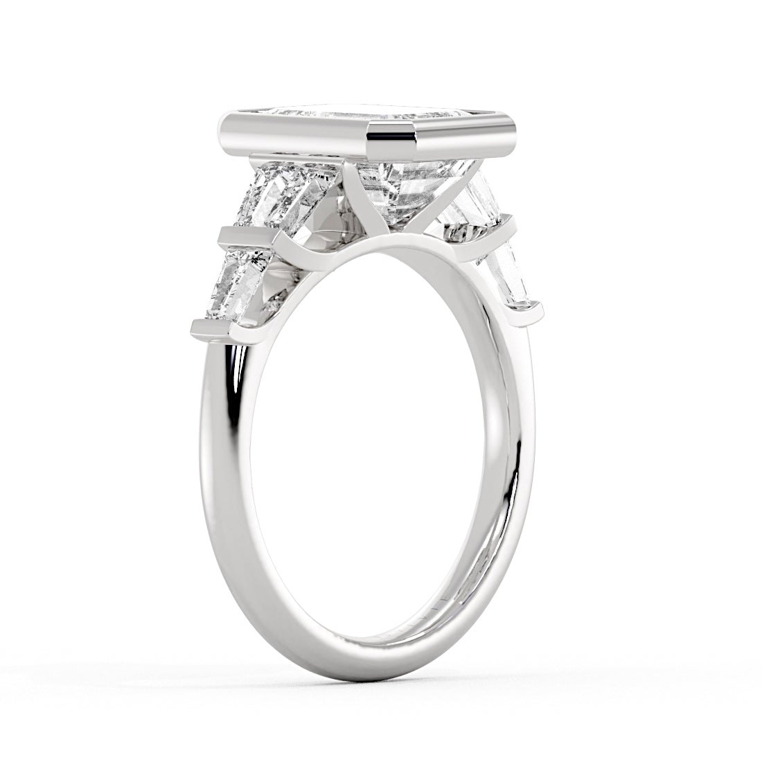 Emerald Cut Bezel Engagement Ring with Bar Set East to West Baguettes - Briella