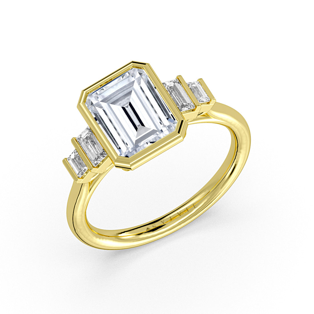 Emerald Cut Bezel Engagement Ring with Bar Set North to South Baguettes - Edie