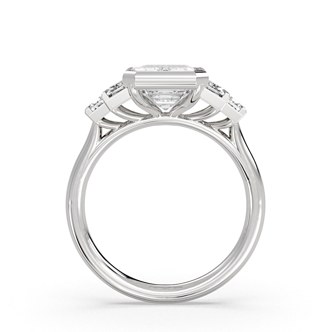 Emerald Cut Bezel Engagement Ring with Bar Set North to South Baguettes - Edie
