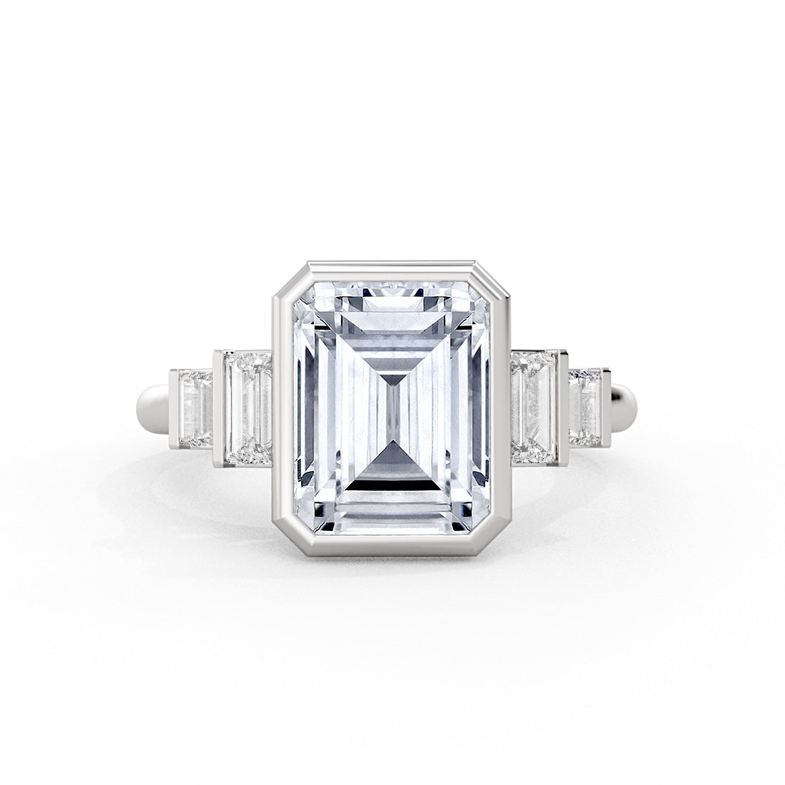 Emerald Cut Bezel Engagement Ring with Bar Set North to South Baguettes - Edie
