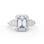 Emerald Cut Bezel Engagement Ring with Bar Set North to South Baguettes - Edie
