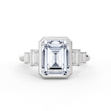 Emerald Cut Bezel Engagement Ring with Bar Set North to South Baguettes - Edie
