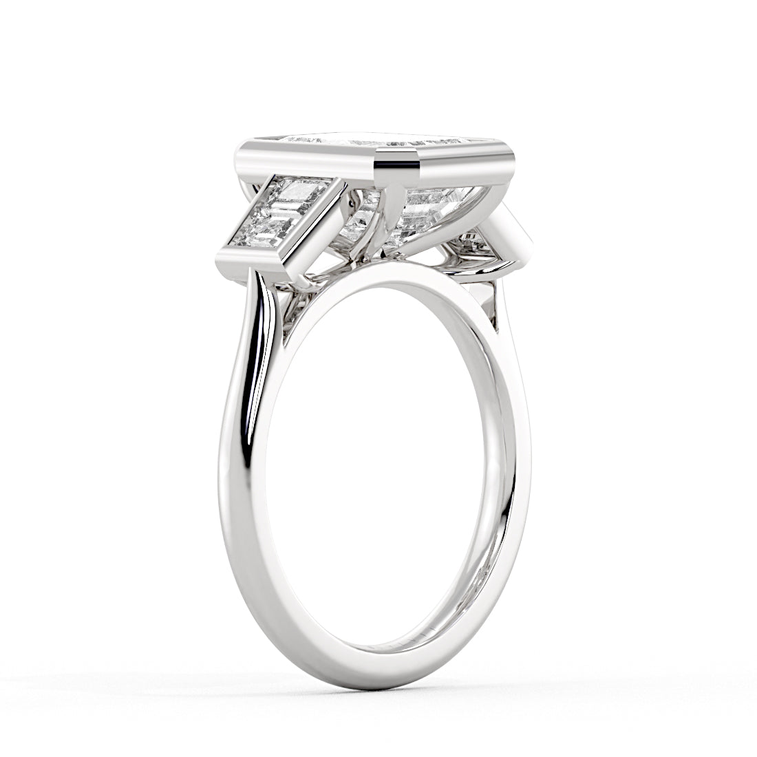 Emerald Cut Bezel Engagement Ring with Emerald Cut Diamond Side Stones - Lanora