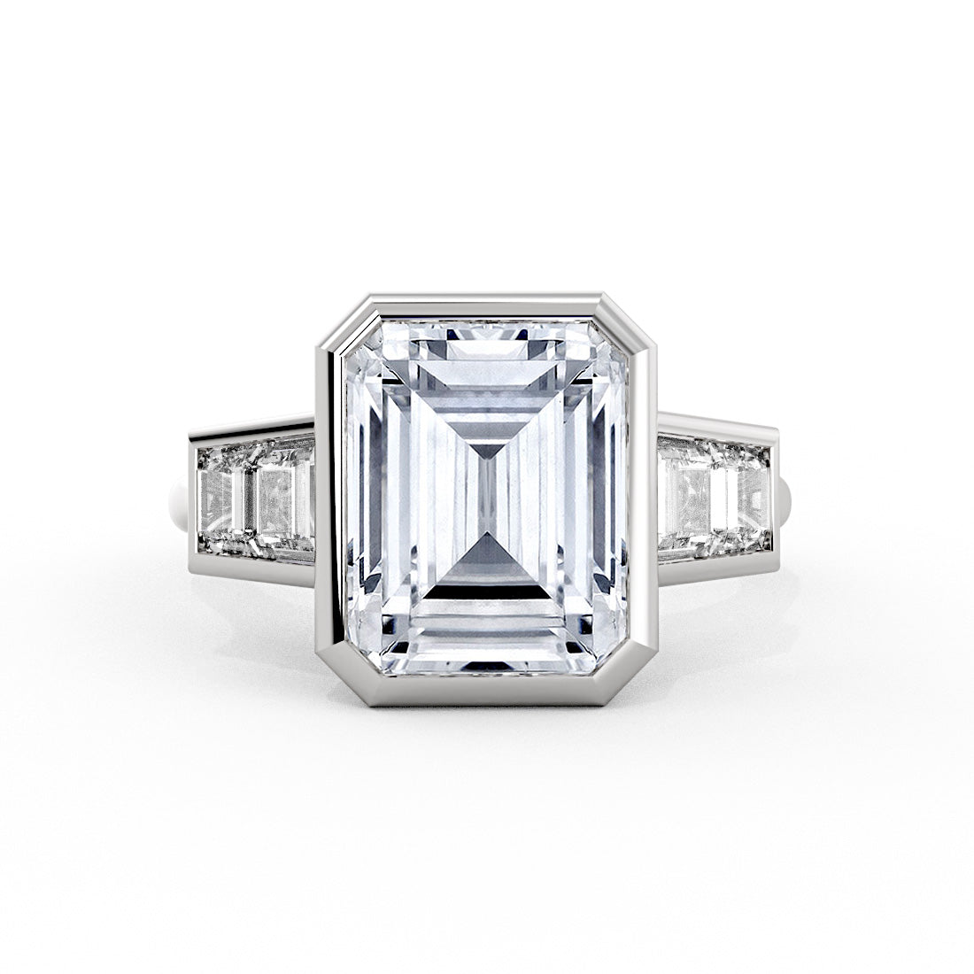 Emerald Cut Bezel Engagement Ring with Emerald Cut Diamond Side Stones - Lanora