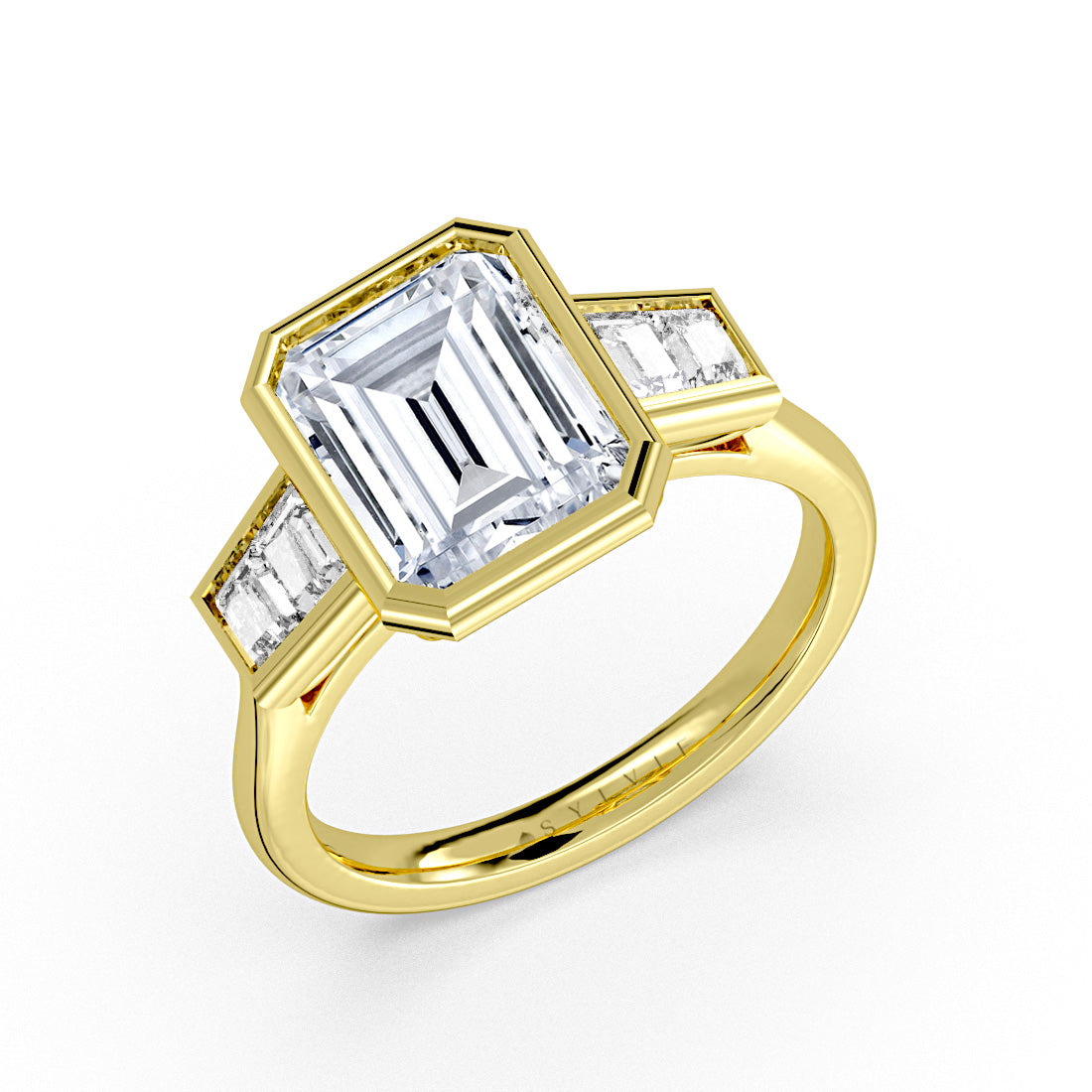Emerald Cut Bezel Engagement Ring with Emerald Cut Diamond Side Stones - Lanora