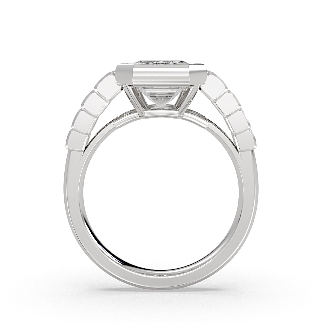 Emerald Cut Bezel Engagement Ring with North to South Half Bezel Baguette Side Stones - Belma