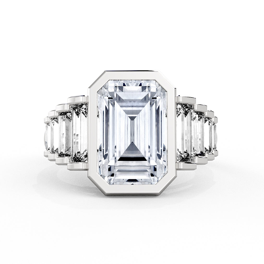 Emerald Cut Bezel Engagement Ring with North to South Half Bezel Baguette Side Stones - Belma