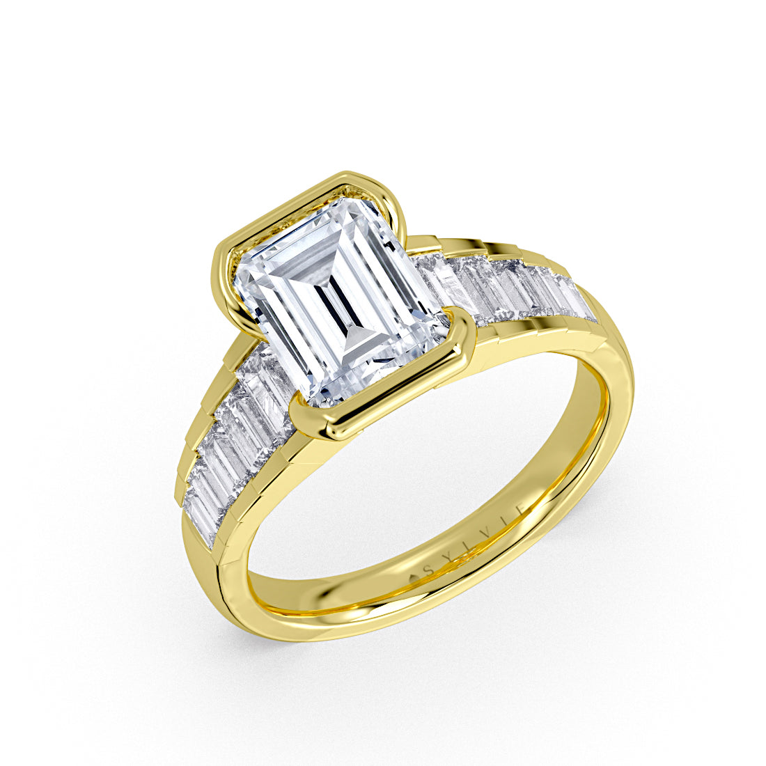 Emerald Cut Half Bezel Engagement Ring with North to South Baguette Side Stones - Zaila