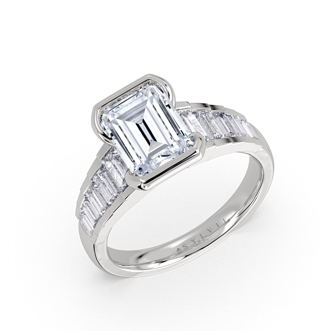 Emerald Cut Half Bezel Engagement Ring with North to South Baguette Side Stones - Zaila