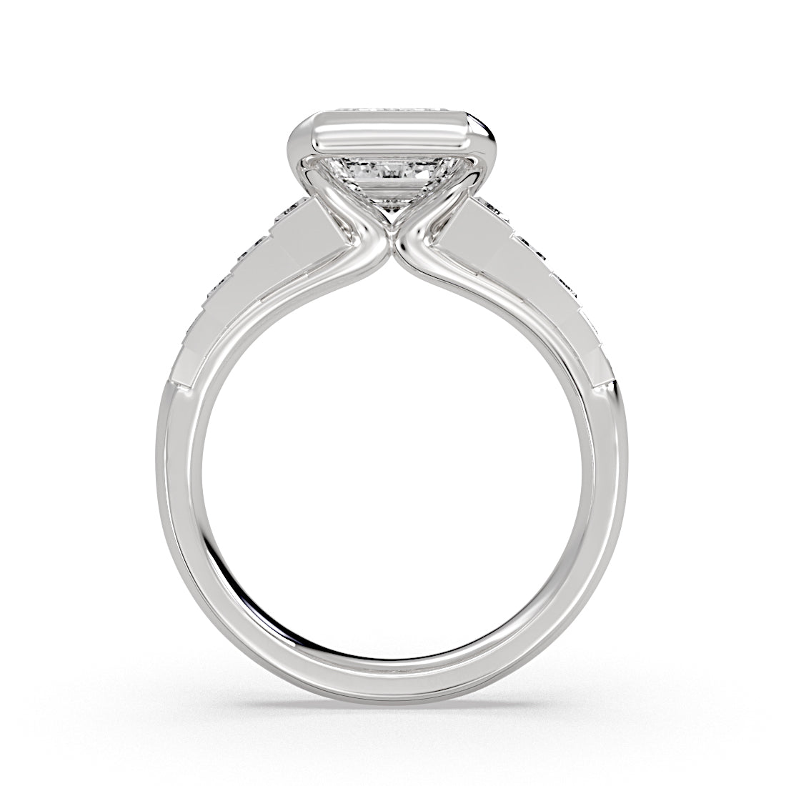 Emerald Cut Half Bezel Engagement Ring with North to South Baguette Side Stones - Zaila