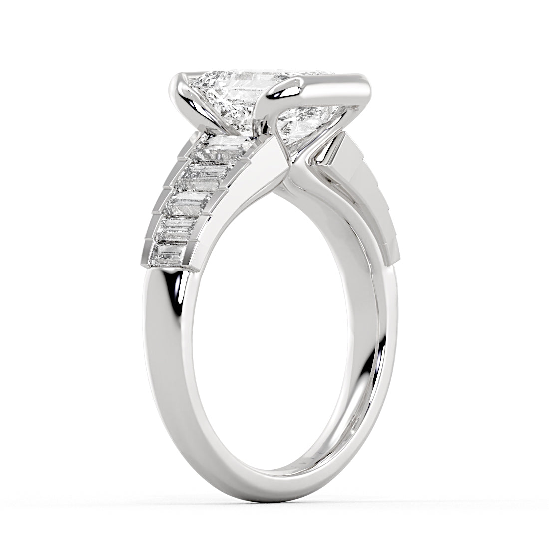 Emerald Cut Half Bezel Engagement Ring with North to South Baguette Side Stones - Zaila