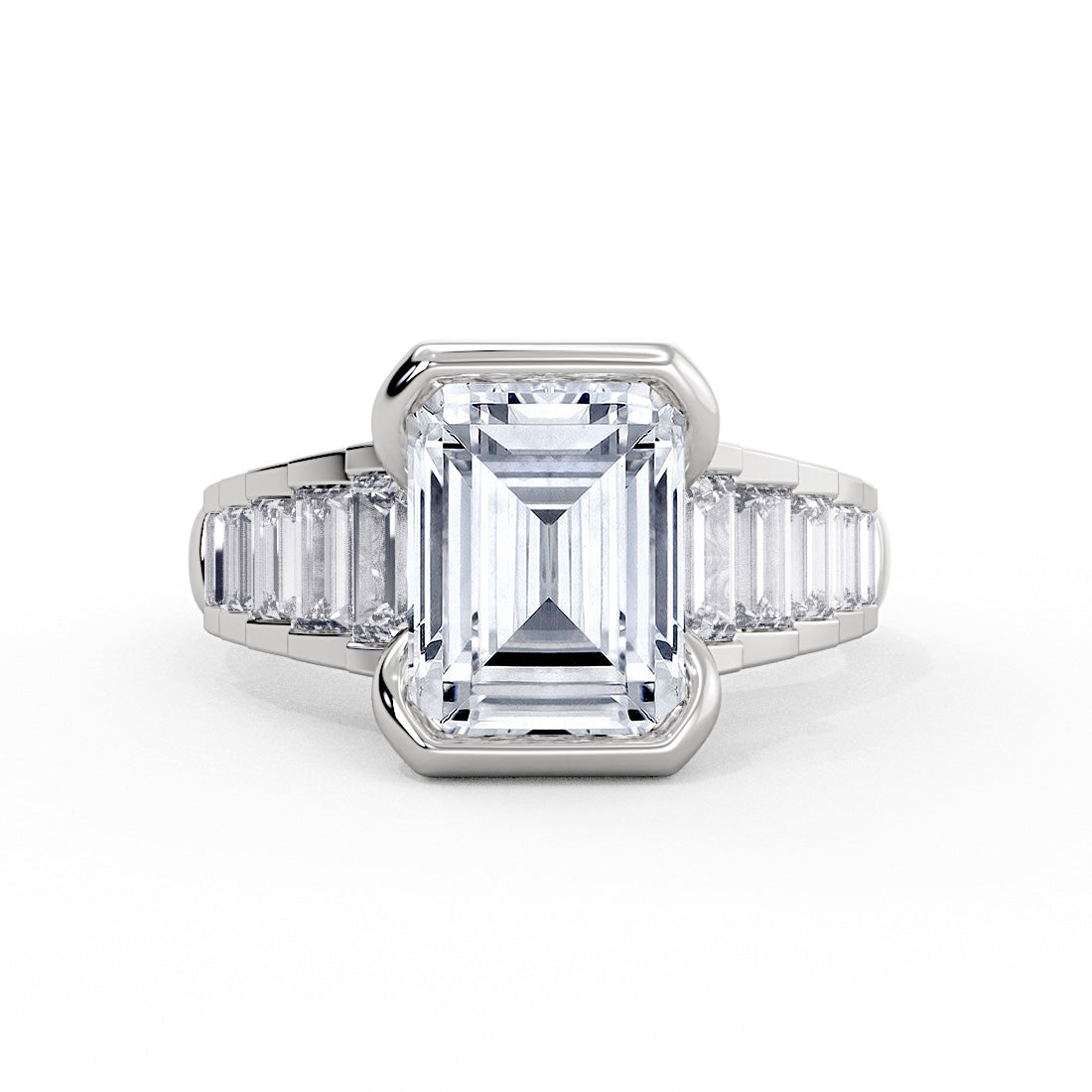 Emerald Cut Half Bezel Engagement Ring with North to South Baguette Side Stones - Zaila