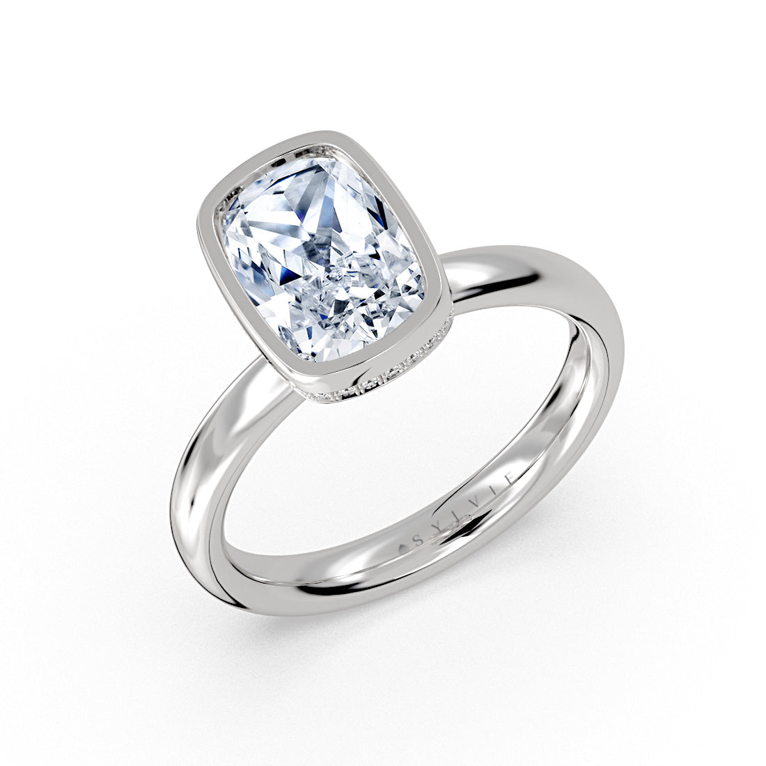 Cushion Cut Bezel Solitaire Engagement Ring with Hidden Halo - Elaine