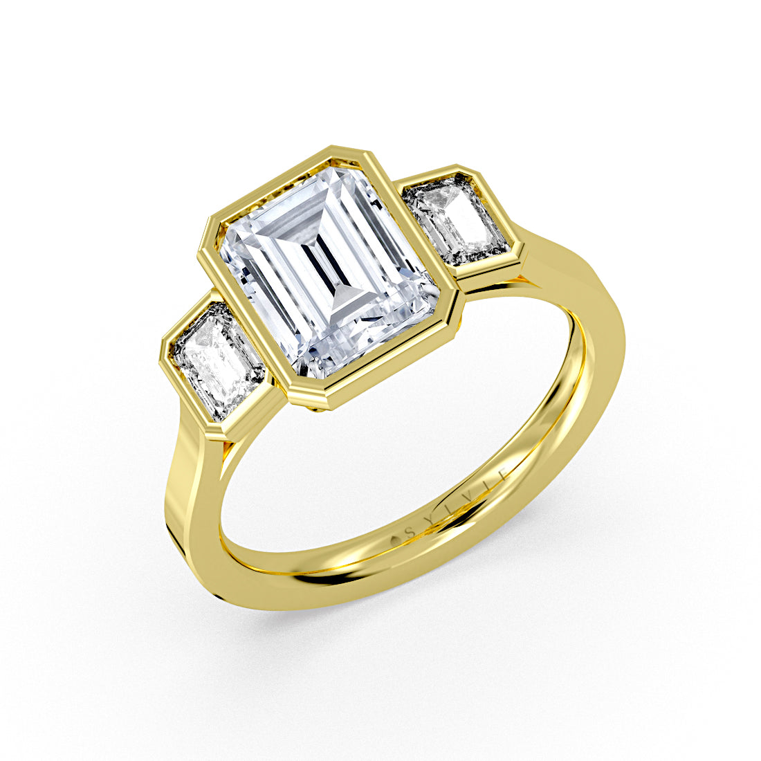 Emerald Cut Bezel Three Stone Engagement Ring - Miriam