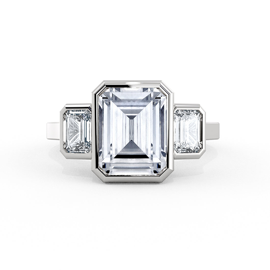 Emerald Cut Bezel Three Stone Engagement Ring - Miriam