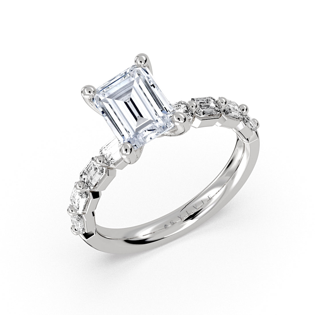 Emerald Cut Shared Prong Baguette Engagement Ring - Trinity