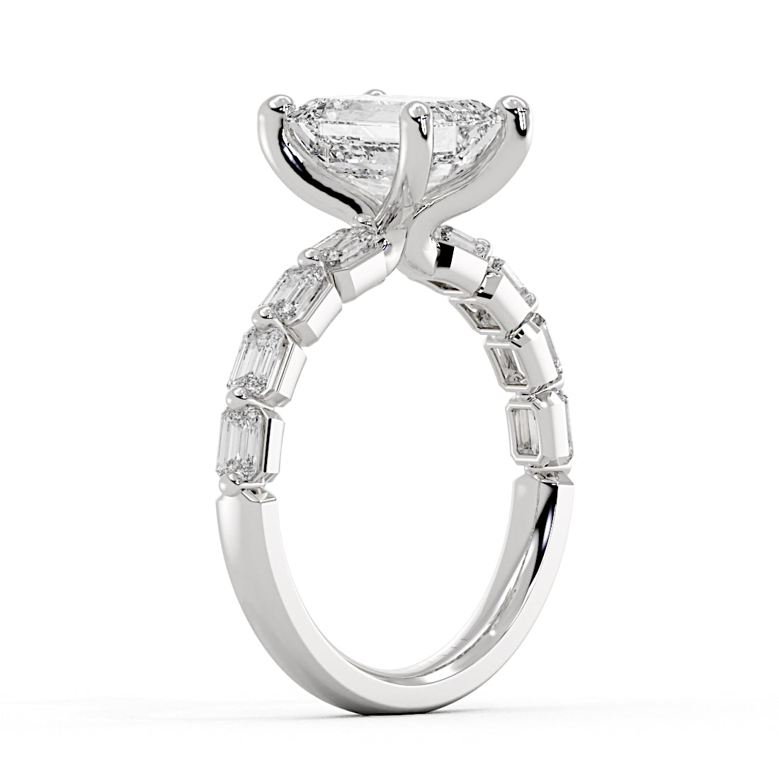 Emerald Cut Shared Prong Baguette Engagement Ring - Trinity
