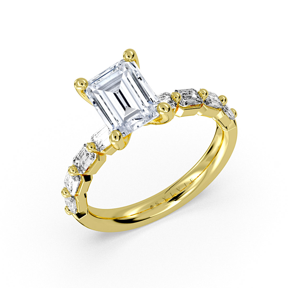 Emerald Cut Shared Prong Baguette Engagement Ring - Trinity