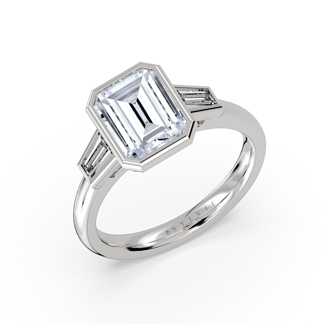 Emerald Cut Bezel Tapered Baguette Three Stone Engagement Ring - Amara
