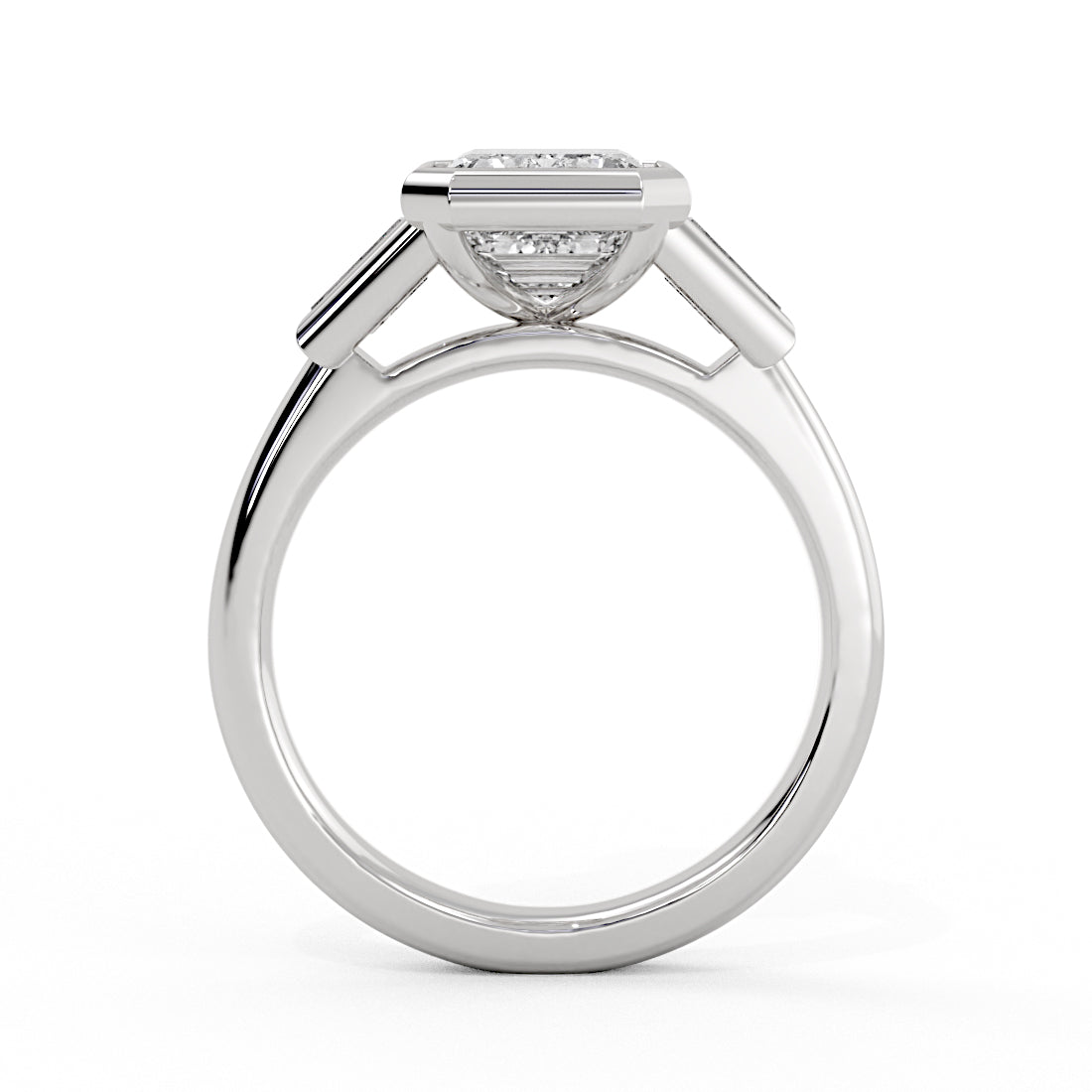 Emerald Cut Bezel Tapered Baguette Three Stone Engagement Ring - Amara