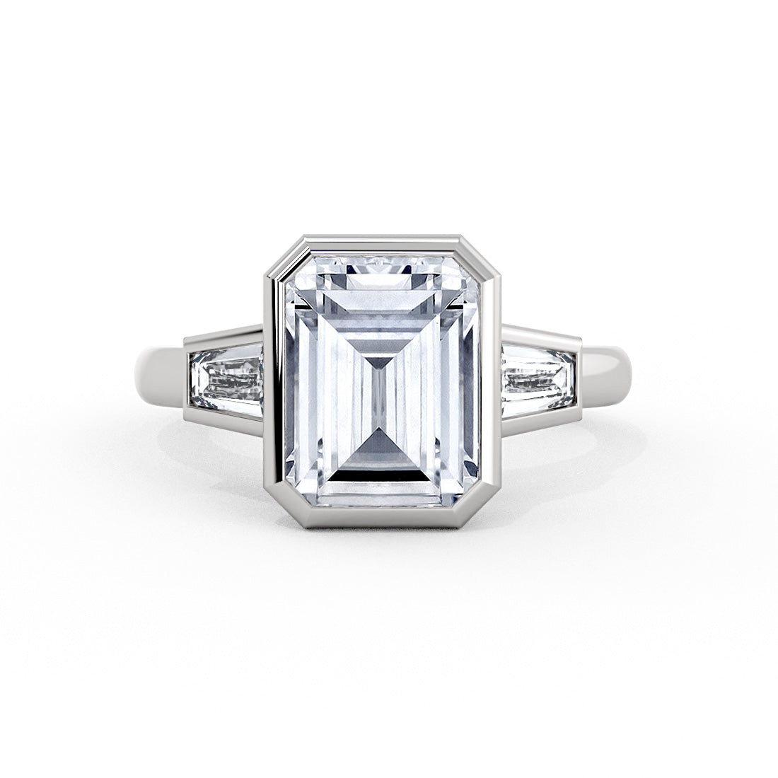 Emerald Cut Bezel Tapered Baguette Three Stone Engagement Ring - Amara