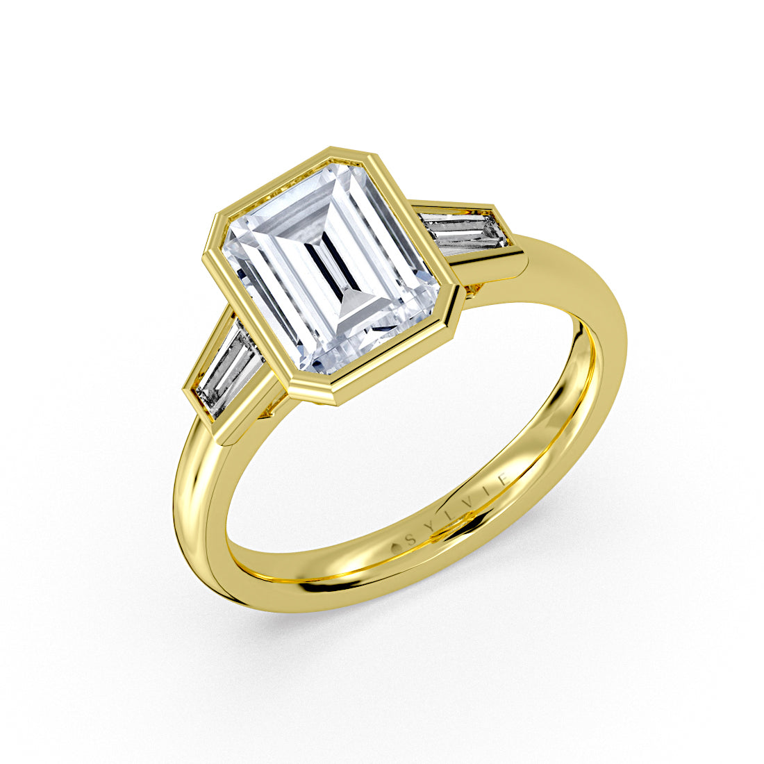 Emerald Cut Bezel Tapered Baguette Three Stone Engagement Ring - Amara