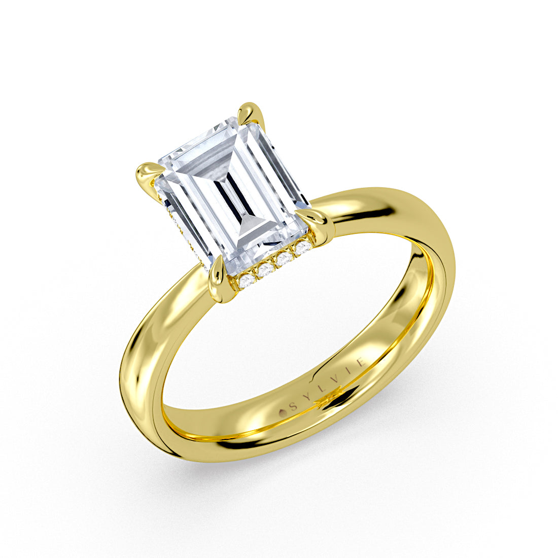 Emerald Cut Tapered Solitaire Engagement Ring with Hidden Halo - Maggie