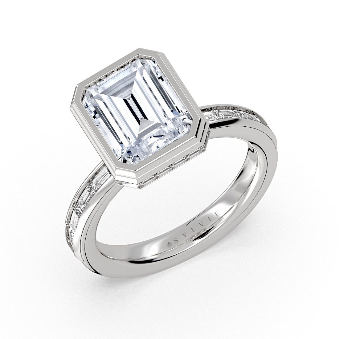 Auravie Channel Set Baguette Bezel Engagement Ring with Channel Baguette Hidden Halo - Evereigh
