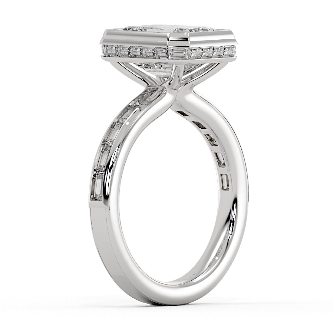 Auravie Channel Set Baguette Bezel Engagement Ring with Channel Baguette Hidden Halo - Evereigh