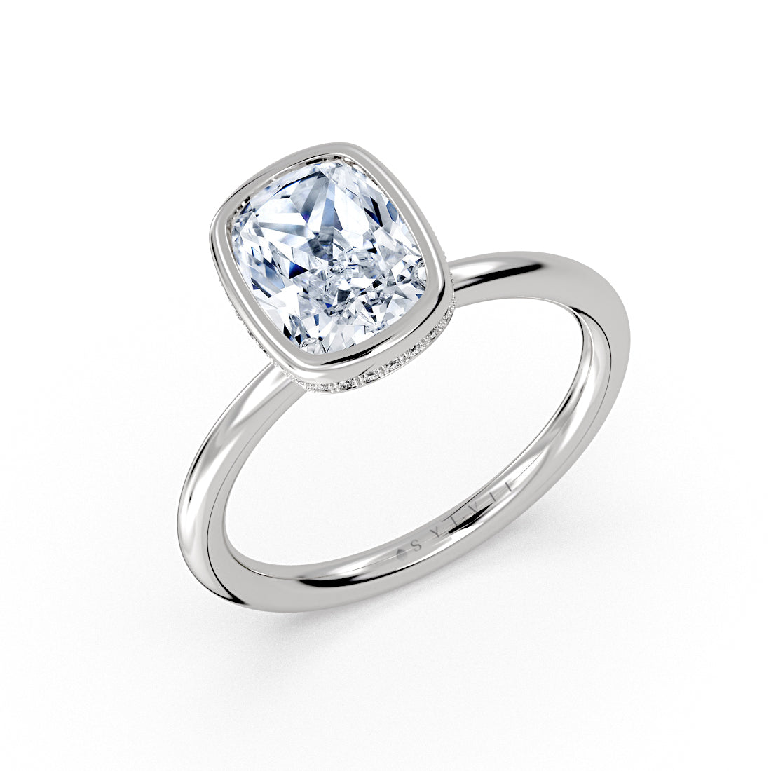 Cushion Cut Solitaire Flush Set Hidden Halo Engagement Ring - Sumner