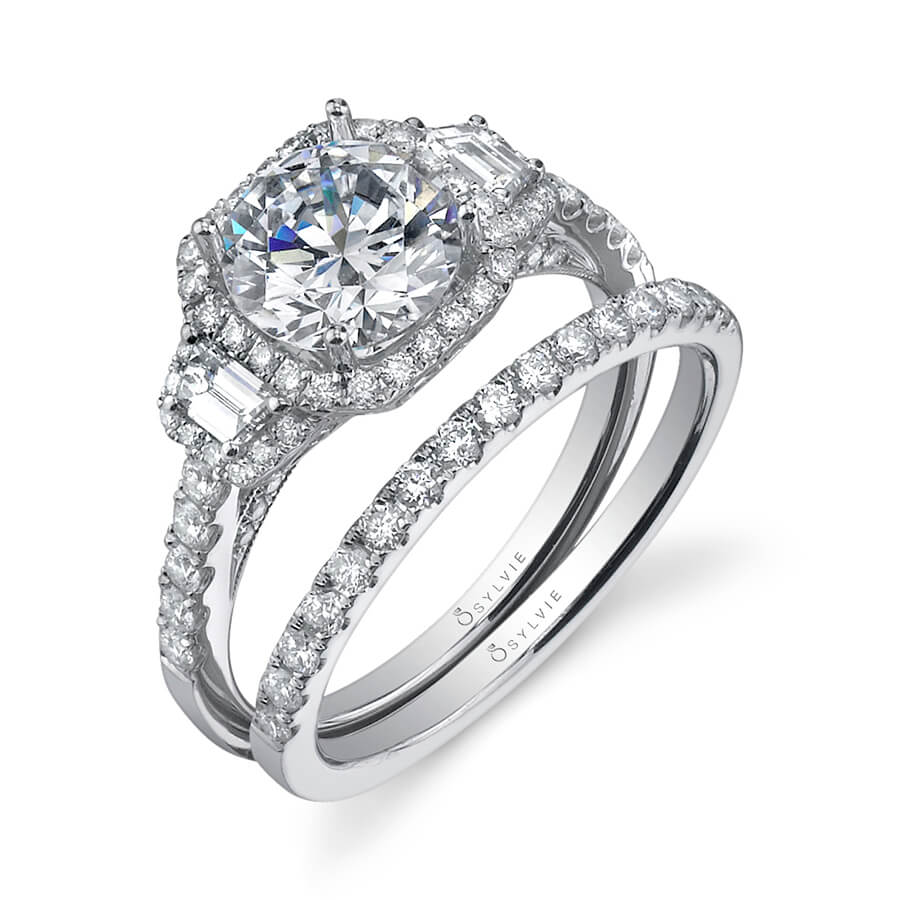 Paris - Three Stone Engagement Ring with Halo