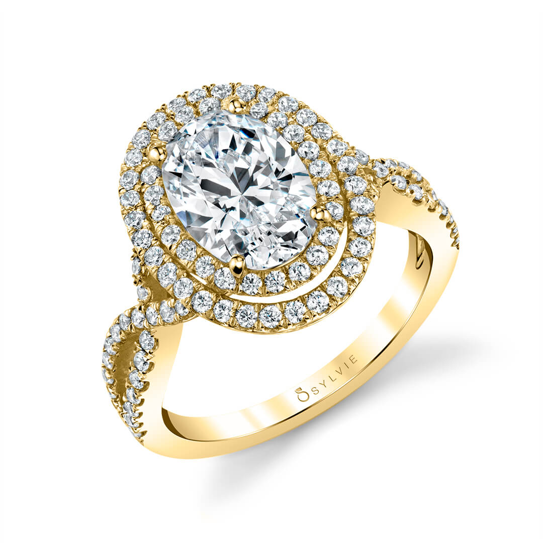 Double Halo Split Shank Engagement Ring