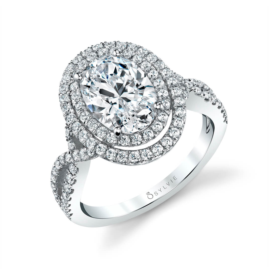 Double Halo Split Shank Engagement Ring