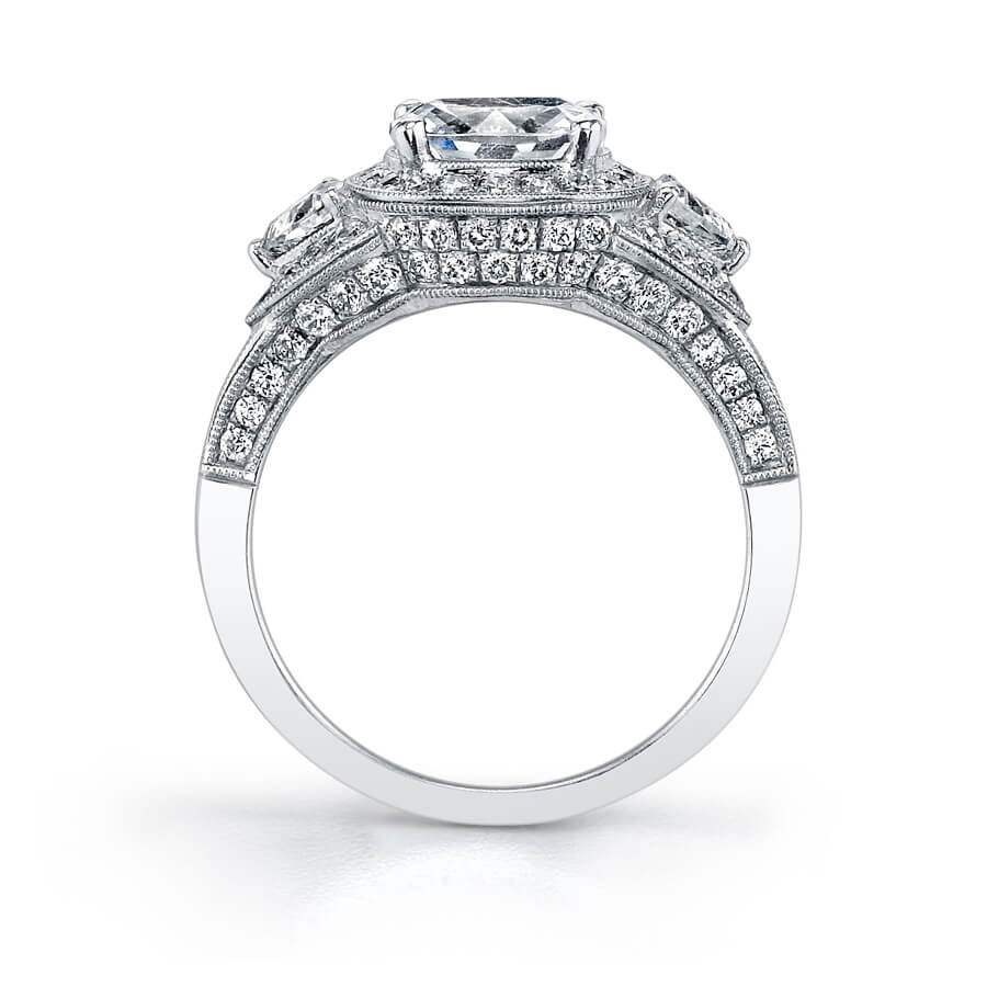 Sandrine - Three Stone Cushion Cut Halo Engagement Ring