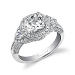 Sandrine - Three Stone Cushion Cut Halo Engagement Ring