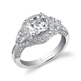 Sandrine - Three Stone Cushion Cut Halo Engagement Ring