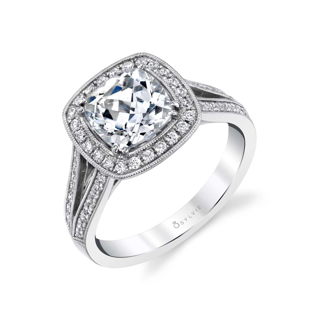 Lea - Vintage Inspired Cushion Cut Halo Engagement Ring