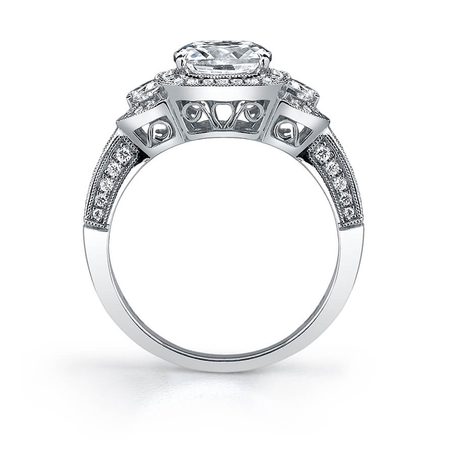 Dominique - Three Stone Cushion Cut Halo Engagement Ring