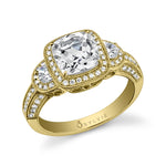 Dominique - Three Stone Cushion Cut Halo Engagement Ring