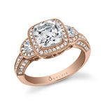 Dominique - Three Stone Cushion Cut Halo Engagement Ring