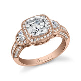 Dominique - Three Stone Cushion Cut Halo Engagement Ring