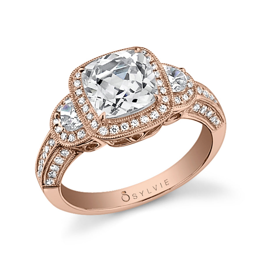 Dominique - Three Stone Cushion Cut Halo Engagement Ring