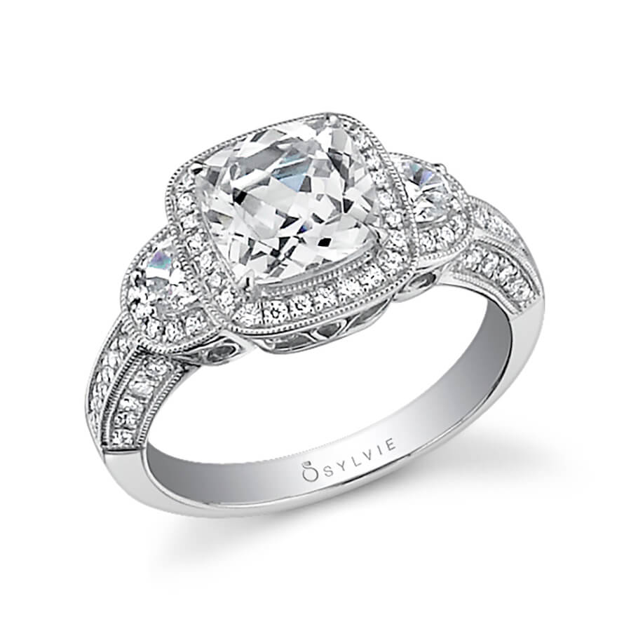 Dominique - Three Stone Cushion Cut Halo Engagement Ring