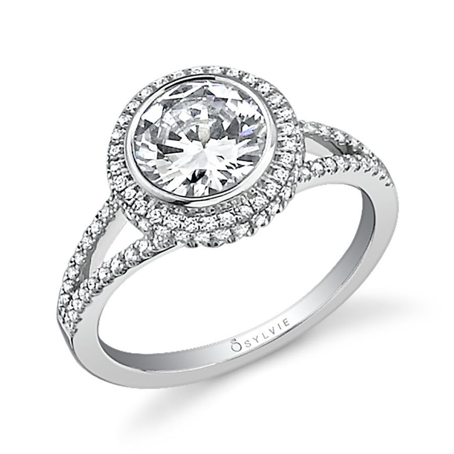 Double Halo Split Shank Engagement Ring