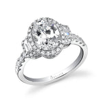 Oval Cut Three Stone Baguette Engagement Ring with Halo - Adeline