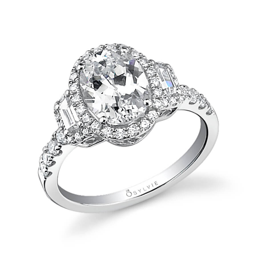 Oval Cut Three Stone Baguette Engagement Ring with Halo - Adeline