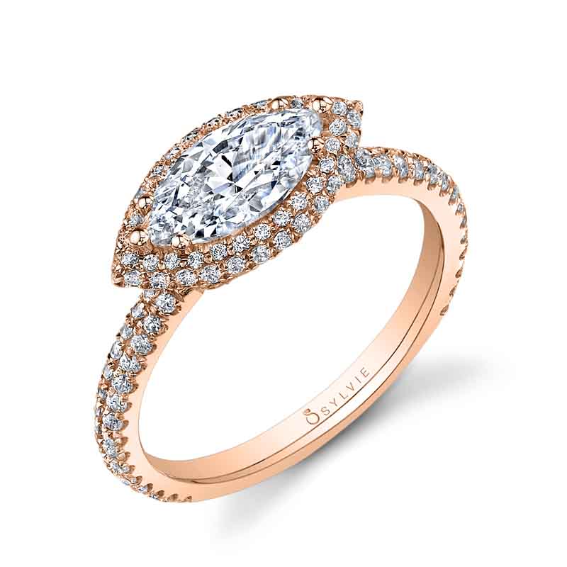 Lysandra - Marquise Shaped East to West Engagement Ring with Halo