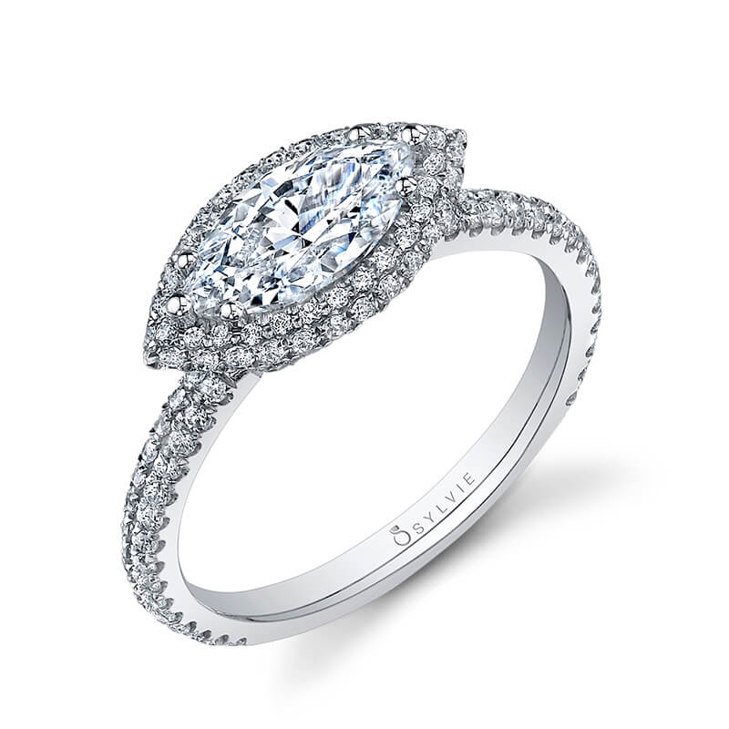 Lysandra - Marquise Shaped East to West Engagement Ring with Halo