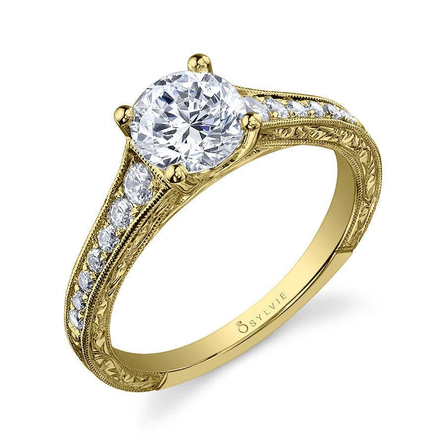 Desirae - Round Hand Engraved Engagement Ring