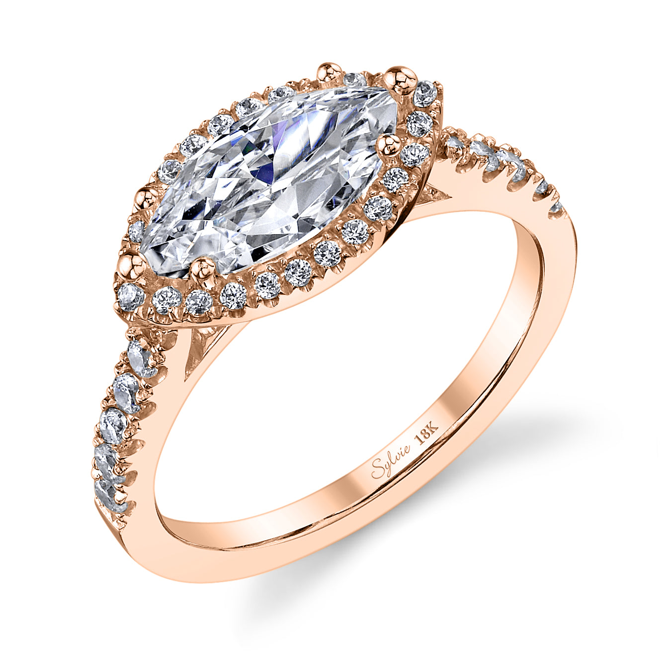 Anabella - Marquise Shaped East to West Engagement Ring with Halo